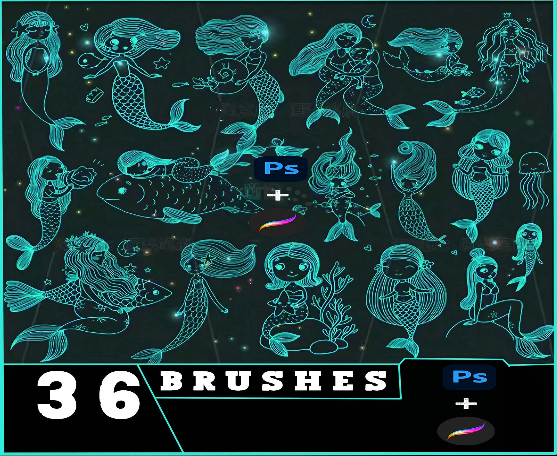 Sellos de Procreate y Pinceles de Photoshop Chibi Sirena – Set de 36 pinceles sello lindos