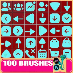 Peut inclure: Une grille d'icônes bleu clair sur fond rouge. Les icônes comprennent des flèches, des profils d'utilisateurs, des sacs à provisions et un calendrier. Le texte "100 BRUSHES" est affiché dans une bannière rose en bas, avec "Ps" dans un cercle.