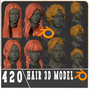 Puede incluir: Una colección de modelos 3D de diferentes peinados para usar en software de diseño 3D. Los modelos se representan en una variedad de colores, incluidos el rojo, el rubio y el marrón. El texto "420 HAIR 3D MODEL" es visible en la parte inferior de la imagen.
