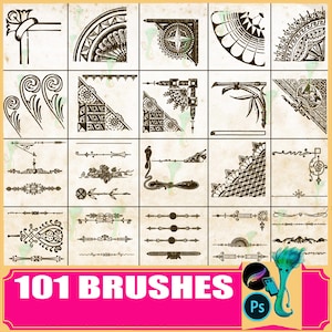 May include: A collection of 101 brushes, featuring various corner and border designs in black and white. The designs include floral, geometric, and ornamental elements. The image has a vintage aesthetic with a pink banner that reads "101 BRUSHES".