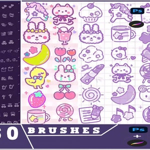 60 Procreate Pędzle Cute Kawaii Drawing Kit, Photoshop, Zestawy Pędzli do Pieczątek Zwierząt, Photoshop, Naklejki z Ilustracjami, Pędzel Photoshop