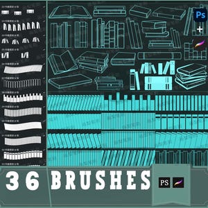 Książki z pędzlami procreate ps brush są starannie ułożone, aby upiększyć dekorację retro regału, szkic linii, książki w programie photoshop