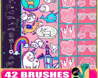 42 Procreate Brushes Cute Kawaii Drawing Kit,  Animals Stamp Brush, photoshop bruche, photoshop Anime, Procreate Character