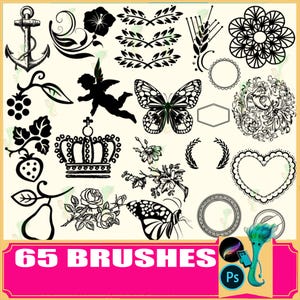 May include: A collection of 65 black and white vector brushes, including an anchor, angel, crown, butterfly, floral elements, and decorative frames. The image has a pink banner with the text "65 BRUSHES".