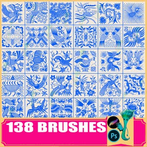 May include: A grid of 138 blue and white patterned brush designs, each showcasing a different bird or floral pattern. The image includes a pink banner at the bottom with the text "138 BRUSHES".