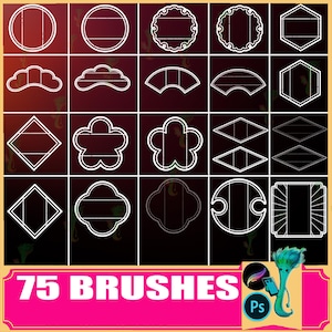 Pode incluir: Uma coleção de 75 pincéis de contorno branco em várias formas geométricas, incluindo círculos, hexágonos e desenhos florais, sobre um fundo vermelho escuro. A imagem inclui o texto "75 BRUSHES" em uma faixa rosa.