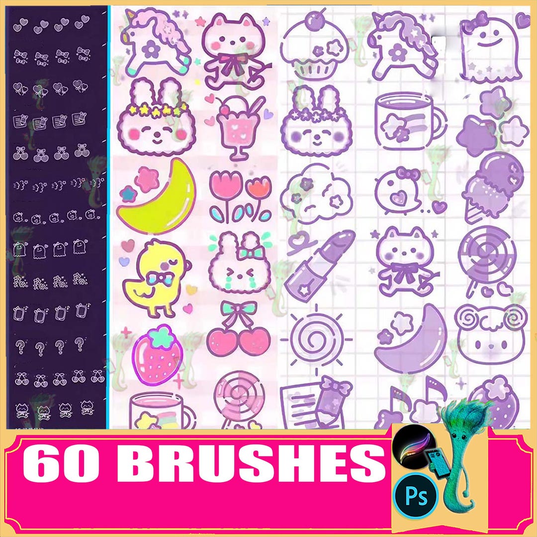 60 Procreate Brushes Cute Kawaii Drawing Kit, Photoshop, Animals Stamp ...