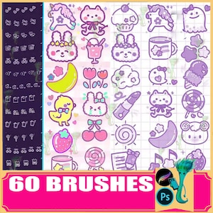 Kit de 60 pinceles Procreate para dibujar kawaii, Photoshop, juego de pinceles con sellos de animales, Photoshop, ilustraciones y pegatinas, pinceles para Photoshop.