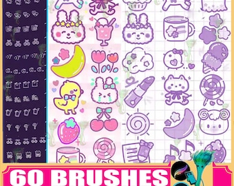 60 Procreate Brushes Cute Kawaii Drawing Kit, Photoshop, Animals Stamp ...