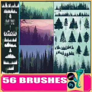 Pincéis de Silhueta de Pinheiro: Paisagem Florestal (Photoshop e Procreate)