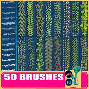 procreate brush ps brush vines climbing leaves green grass ferns dense natural illustration, photoshop