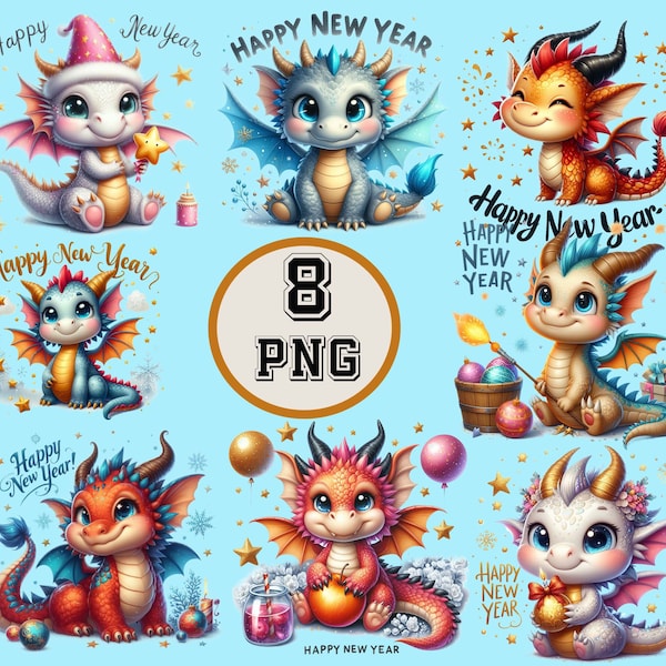 2024 Cute Dragon clipart,  New Year 2024, PNG, Happy New Year of the Dragon, Baby Dragons for planner, kids calendar, digital download