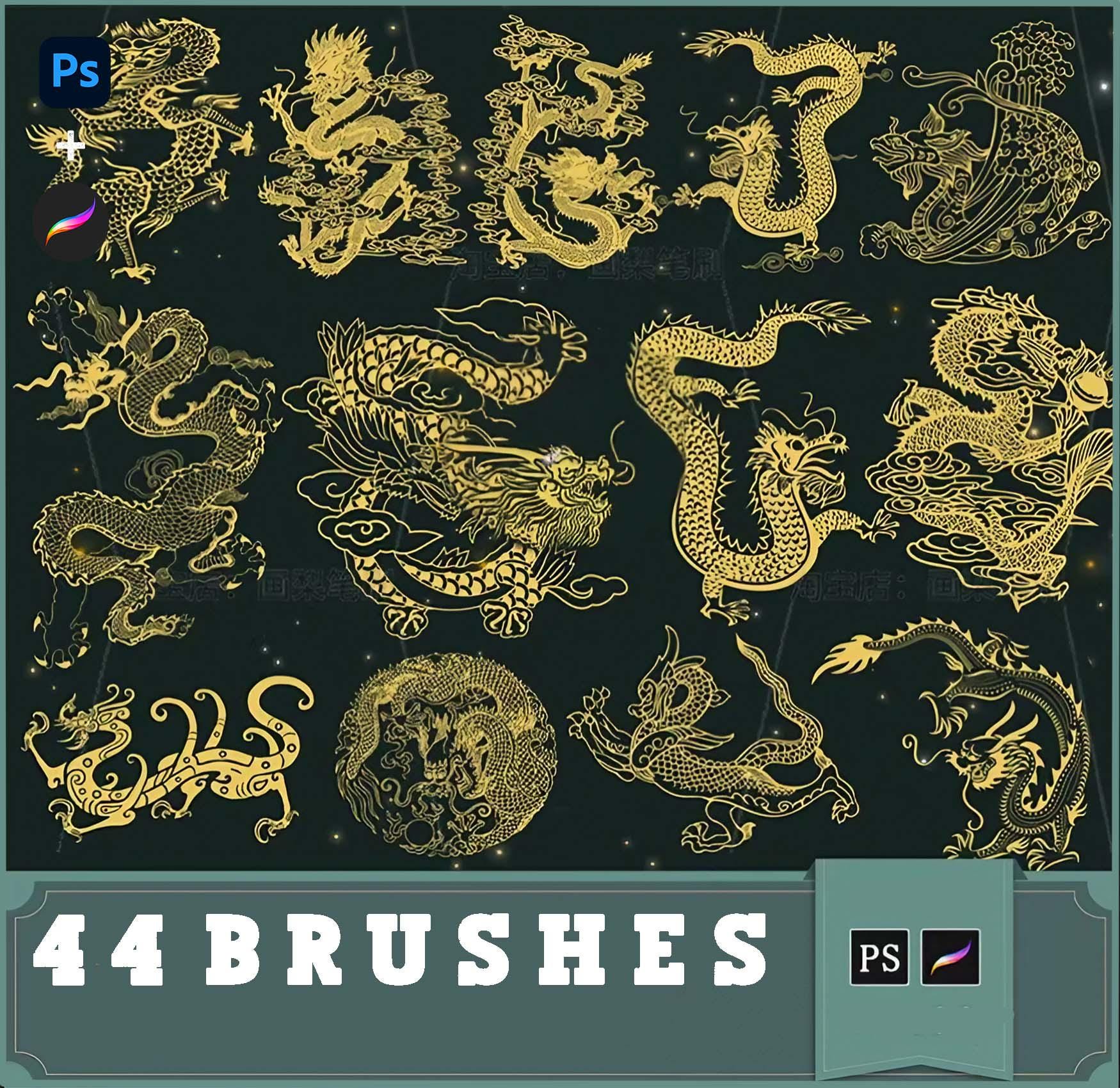 Paquete de pinceles Dragón chino para Procreate y Photoshop – 44 pinceles de línea totem tradicional