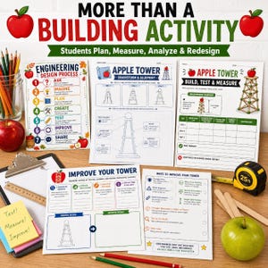 May include: An educational set featuring five printed worksheets titled Engineering Design Process, Apple Tower Brainstorm & Blueprint, Build, Test & Measure, Improve Your Tower, and Ways to Improve Your Tower, alongside a tape measure and pencils.