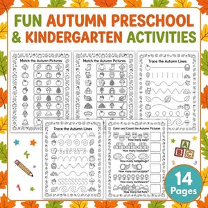 May include: A set of five printable activity sheets titled FUN AUTUMN PRESCHOOL & KINDERGARTEN ACTIVITIES. The pages feature black and white line drawings for matching, tracing, and counting exercises with themes like pumpkins, leaves, and owls.