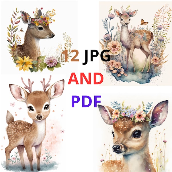 Floral Fawn Clipart, Baby fawn art, Nursery Art, Digital Planner, Watercolor, Card Making, Journaling, Digital Download
