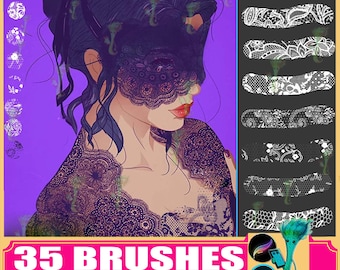 Pinceles de encaje para Procreate y Photoshop: conjunto de 35 pinceles