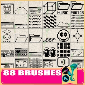 May include: A grid of black and white pixel art icons, including folders, clouds, and loading bars. The image features the text "88 BRUSHES" in a pink banner, along with the logos for Procreate and Photoshop.