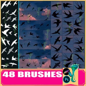 Conjunto de Pincéis de Andorinhas: 48 Pincéis de Silhueta de Pássaros Voadores (Procreate, Photoshop)