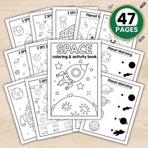 May include: A collection of black and white space-themed colouring and activity book pages featuring rockets, planets, and stars. The central cover page displays the text SPACE colouring & activity book with a rocket illustration and a 47 PAGES badge.