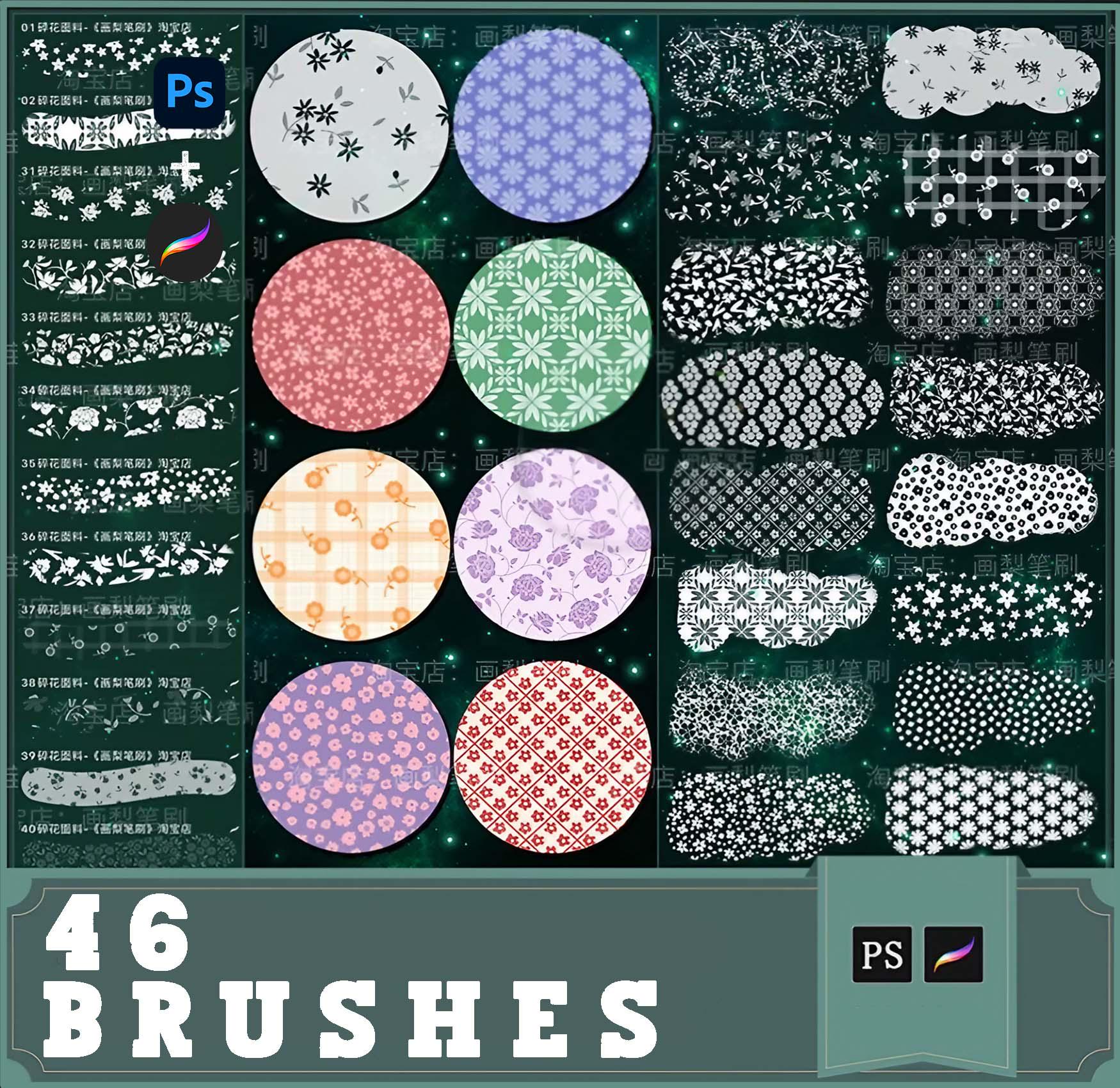Procreate & Photoshop Floral Fabric Pattern Brushes — 46 Small Fresh Texture Background Stamps