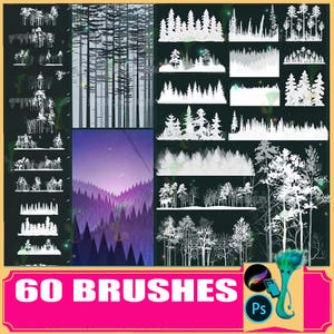 Conjunto de pinceles de siluetas de bosque: árboles, montañas y paisajes (Procreate y Photoshop)