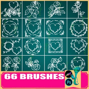 May include: A digital art graphic with 16 teal-coloured squares, each displaying white line art designs of roses and hearts. The bottom banner, set against a pink backdrop, reads "66 BRUSHES". A cartoon character is in the bottom right corner.