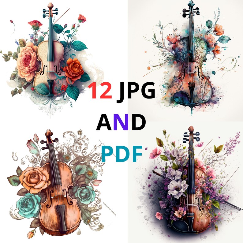 Ornate Violin Set of 12 Clipart Bundle High Quality Jpegs Digital Download Printable Art FREE