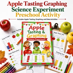 May include: A printed educational activity book titled Apple Tasting & Graphing Science Experiment, surrounded by worksheets, crayons, and fresh red, green, and yellow apples. The cover features three children with magnifying glasses and apple charts.