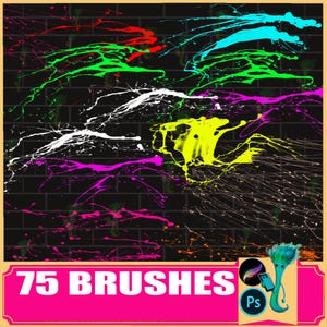 Pode incluir: Gráfico de arte digital com respingos de tinta multicoloridos em um fundo de parede de tijolos pretos. O texto "75 BRUSHES" é exibido em uma faixa rosa.