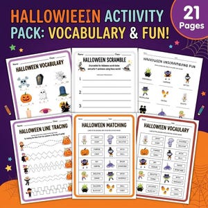 May include: A Halloween activity pack featuring 21 pages of worksheets including Halloween Vocabulary, Halloween Scramble, Halloween Unscrambling Fun, Halloween Line Tracing, and Halloween Matching with illustrations of ghosts, pumpkins, and witches.