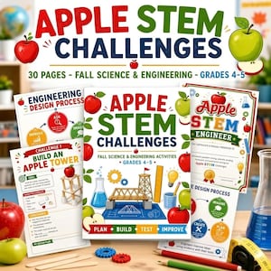 May include: A collection of educational materials titled Apple Stem Challenges for grades 4-5, featuring worksheets with engineering design processes, apple illustrations, and science activity instructions, alongside a measuring tape and pencils.