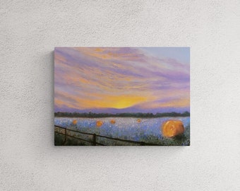 Oil painting landscape sunset over the fields impressionist