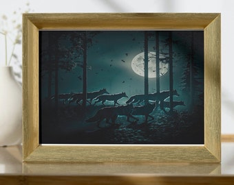 Wolf Pack in Dark Forest (#4), Size Bundle, Printable AI Art, Downloadable Wallpaper, MidJourney