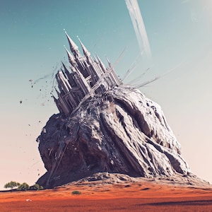 May include: An artistic digital rendering of a castle perched atop a large, textured rock formation. The castle, with multiple spires, appears to be crumbling. The landscape below features red-orange fields and a clear blue sky.
