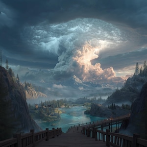May include: A digital painting of a dramatic landscape with a wooden bridge leading to a river and mountains. The sky is filled with dark, swirling clouds, with a bright, illuminated area in the centre.