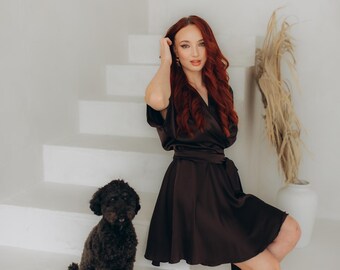 Wrap Dress For Wedding Guest Dress Brown Satin Dress For Birdesmaid Belt Wrap Dress Mini Dress Elegant Dress