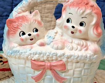 Classic 1960's Vintage Inarco Japan Kitschy Kitten and Puppy in a Basket Baby Nursery Planter