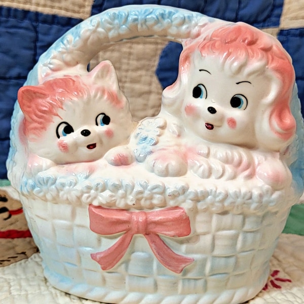 Classic 1960's Vintage Inarco Japan Kitschy Kitten and Puppy in a Basket Baby Nursery Planter