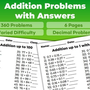 360 Addition Problems with Answers | 6 Pages of Practise Q&#39;s | Printable Worksheet with Varied Difficulty | Whole Numbers/Decimals