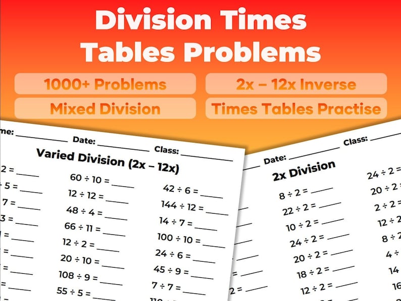 1000+ Division Problems | 16 Pages of Practise Q's | 2x, 3x, 4x, 5x, 6x ...