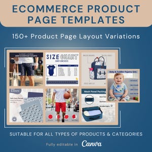 May include: An advertisement for e-commerce product page templates. The image showcases various product page layouts, including baby onesies, baby blankets, and pajama sets. Text includes "150+ Product Page Layout Variations" and "Suitable for all types of products & categories."