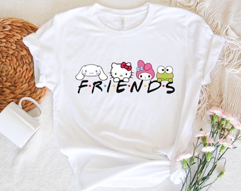 ハローキャットフレンズシャツ、メロディーキティケロッピシナモロールシャツ、カワイイ猫ガールズシャツ、カワイイキティTシャツ、キティキャラクターシャツ、Y2Kシャツ