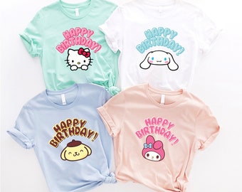 Camisa de cumpleaños de Hello Cat, Camisa de niña de cumpleaños de gato Kawaii, Camisa de fiesta de cumpleaños de Kitty Friends, Camisa de gatito personalizada, Camisa de feliz cumpleaños de Kitty