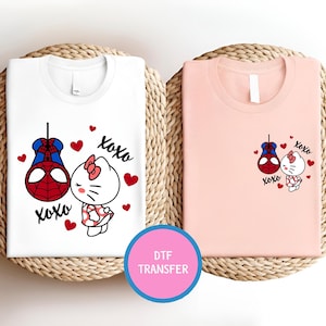 Spiderman och Hello Cat DTF, Hello Cat DTF-överföring, Kawaii Kitty DTF, Alla hjärtans dag-design, Y2K-inspirerat par DTF, Spidey och Kitty DTF
