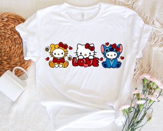 Hello Cat Love Shirt, Stich Pooh Kitty Shirt, Kawaii Cat Girls Shirt, Kawaii Kitty Tee, Hello Cat Valentine's Day Shirt, Y2K Inspired Shirt