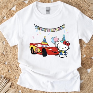 Hello Cat Birthday Shirt, Lightning McQueen Birthday Shirt, Kawaii Kitty Birthday Shirt, Custom Birthday Party Shirt, Birthday Girl Shirt