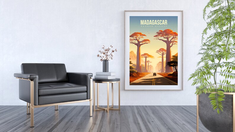 May include: A vintage travel poster with a sunset scene of a road lined with tall trees in Madagascar. The poster has the text "MADAGASCAR" in yellow and "TRAVEL GUIDE" in white.
