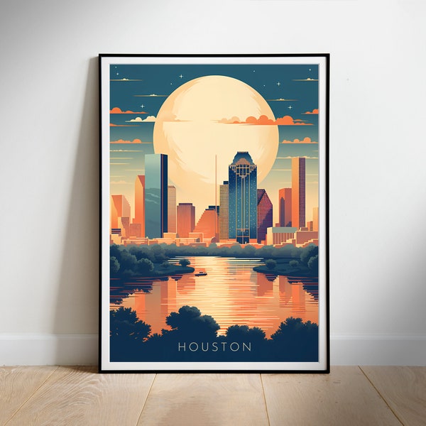 Printable digital wall art, Houston, Texas, Retro Travel Poster, Instant Download, Hanging decor, New Home Gift