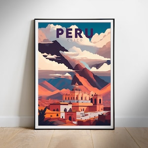 Peru travel poster, digital wall print, Cusco, home decor art for Instant download